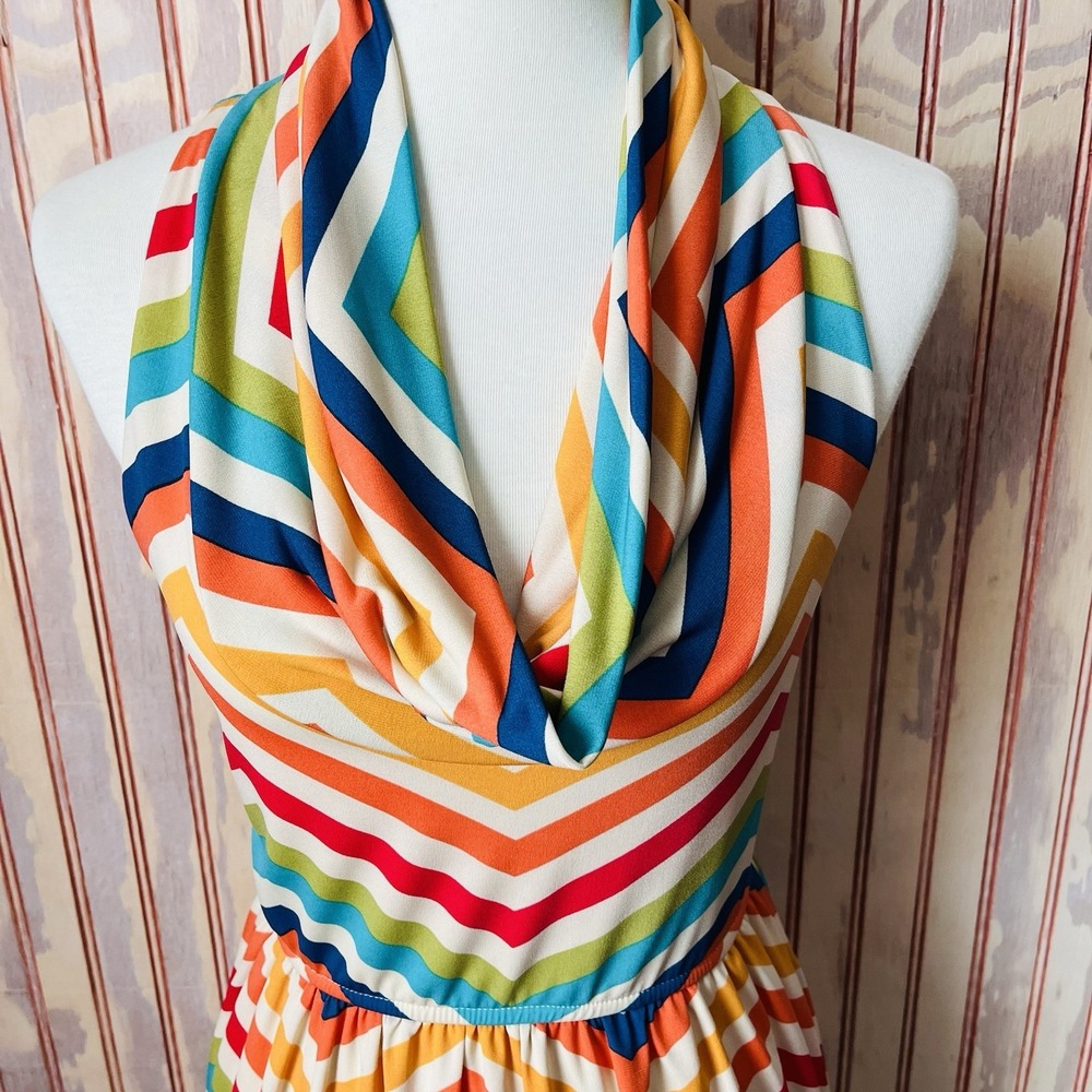 Judith March Rainbow Chevron Stripe Cowl Neck Racer Back 70's Disco Dress Size L - Picture 3 of 9